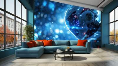 A futuristic robot in a blue cyber world background Wall mural