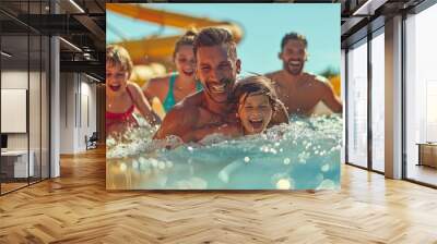 A joyful family enjoying a summer day at a water park, sliding down a water slide and splashing in the pool. Wall mural