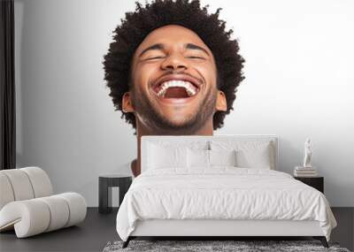 A man joyfully laughing with bright, expressive features, showcasing happiness and positivity in a casual white t-shirt. transparent background Wall mural