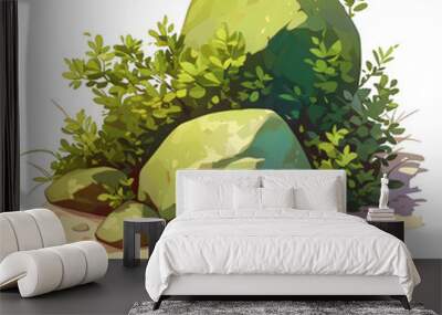 A serene illustration of two large rocks surrounded by lush green foliage on a sandy patch, perfect for nature-themed projects. transparent background Wall mural