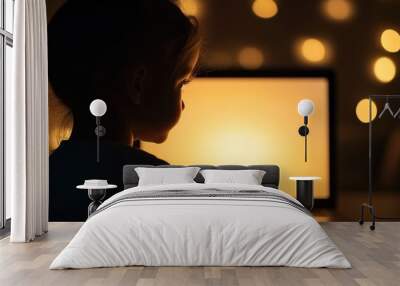 A silhouette of a child gazing at a laptop screen illuminated by soft, warm lights in a cozy room setting. Wall mural