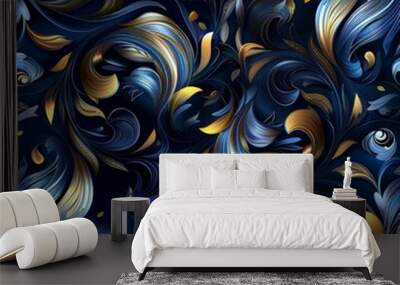 Abstract Floral Pattern with Blue and Gold Accents Wall mural