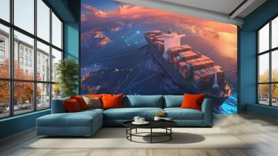 Aerial view of a large cargo ship sailing at sunset with network connections symbolizing global trade and logistics. Wall mural