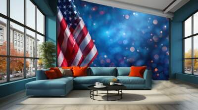 American flags against a sparkling blue and orange bokeh background, symbolizing patriotism and celebration. Wall mural