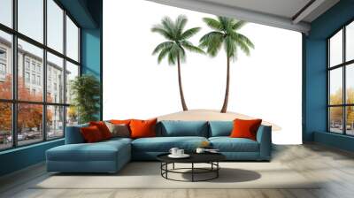 Beautiful tropical scene featuring two palm trees on a serene sandy island, ideal for vacation and travel themes. transparent background Wall mural