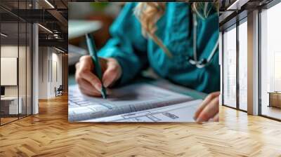 Close-up of a nurse scheduling follow-up visits for patients, highlighting the organization and care in outpatient services Wall mural