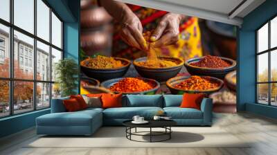 Close up of Indian woman's hand holding Indian curry powder in a bowl Wall mural