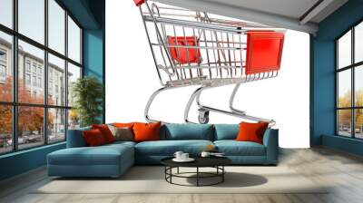 Empty shopping cart with red accents, isolated on white background, representing retail, shopping, and consumerism. Wall mural