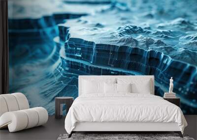 Futuristic digital representation of a textured terrain, showcasing layers of data and topographical details in a cool blue tone. Wall mural