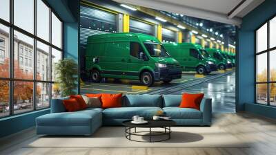 Green technology at work: electric delivery vans charging at a distribution center, eco-friendly logistics Wall mural