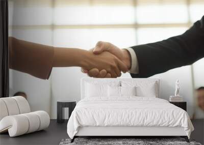 Handshake between two professionals in office setting with blurred background. Wall mural