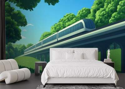 High-speed train traveling through lush green landscape on elevated tracks under a clear blue sky, blending technology with nature. Wall mural