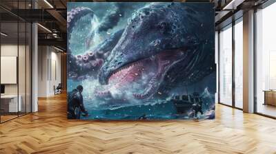 In a clash of titans the kraken and a cybernetic whale guided by AI battle fiercely shaking the ocean s core Wall mural