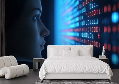 Profile of a humanoid figure observing a digital binary code display, symbolizing technology and artificial intelligence. Wall mural