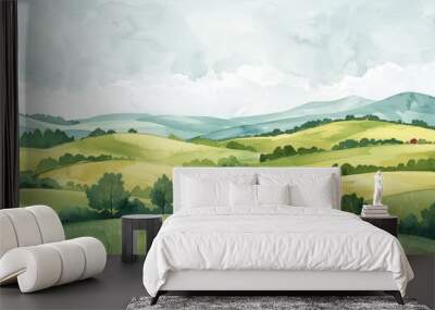 Serene watercolor landscape with rolling green hills and a cloudy sky, showcasing the beauty of nature's simplicity. Wall mural