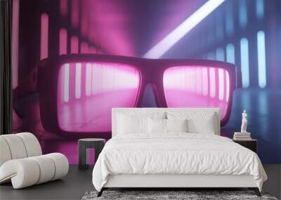 Stylish sunglasses with vibrant pink lenses set against a colorful neon backdrop, perfect for showcasing modern fashion. Wall mural