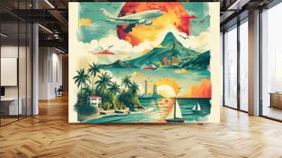 Tropical Paradise: A Vibrant Artwork Depicting an Island Escape Wall mural