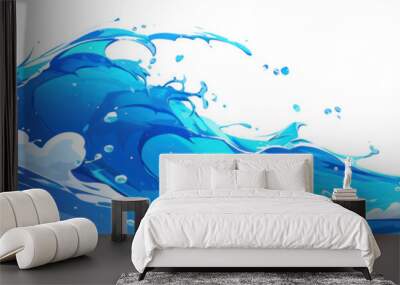 Vibrant blue ocean wave illustration with white background, capturing the fluid movement and energy of water in abstract art form. Wall mural