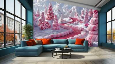 Whimsical candy landscape with pink trees, snowy mountains, and a candy river under a bright blue sky. Perfect for fantasy and sweet-themed designs. Wall mural