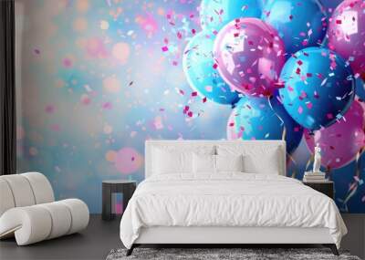 Bunch of blue and pink balloons floating in the air Wall mural