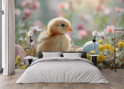 Chick among easter eggs in spring grass Wall mural