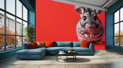 Chinchilla holding red flower on red background Wall mural