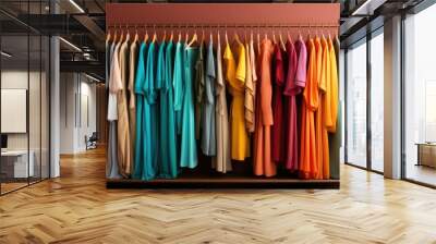 Colorful bright clothes hanging on hangers. Wall mural