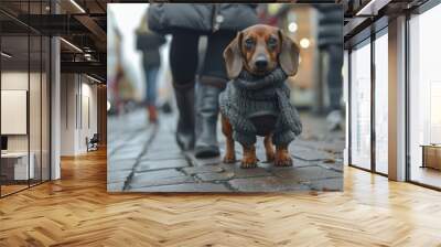 Dachshund in sweater walking down street Wall mural