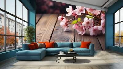 Pink apple tree flowers on a wooden table. Wall mural