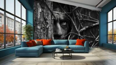 Suspicious man watches what is happening, hiding in a wooden shed. Theme of persecution and crime. Wall mural