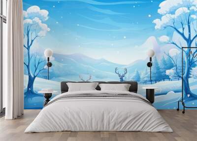 Two deer roaming snowy landscape among trees Wall mural