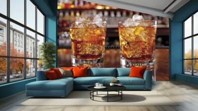 Two Glasses of Whiskey with Ice on a Bar Counter in a Dimly Lit Setting Wall mural