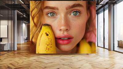 Woman holding bananas in front of pink background Wall mural