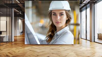 Woman in hard hat holding blueprint Wall mural