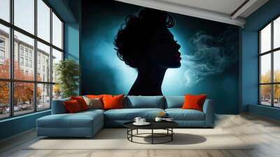 Woman smoking a cigarette in the dark Wall mural