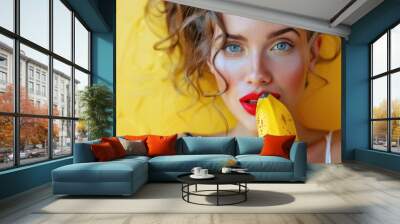 Woman with red lipstick holding banana Wall mural