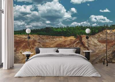 Color toned panorama of sand quarry and forest Wall mural