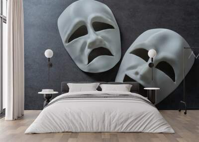 theatre theater theatrical tragedy drama comedy mask on grey background. theatre theater theatrical tragedy drama comedy mask. white happy and sad theatre theater theatrical tragedy drama comedy mask Wall mural