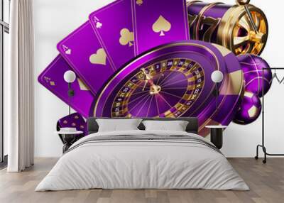 violet purple roulette 777 slot machine ace card poker chip casino gamble element isolated. roulette 777 slot machine ace card poker chip casino gamble element. roulette slot machine 3d render Wall mural