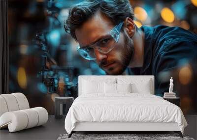 A focused engineer examines machinery with precision tools in a high-tech workshop, surrounded by glowing equipment. Wall mural