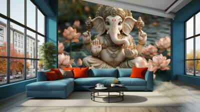 A serene statue of Lord Ganesha, the Hindu god of wisdom and prosperity, amidst a bed of blooming lotus flowers. Wall mural