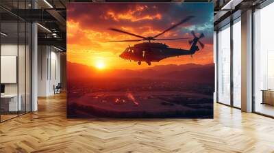 A silhouette of a helicopter in flight against a vibrant sunset, showcasing dramatic clouds and mountain silhouettes. Wall mural