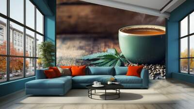 A steaming cup of fragrant hemp infused herbal tea sits on a rustic wooden table surrounded by scattered hemp leaves  This calming natural beverage promotes wellness and relaxation Wall mural