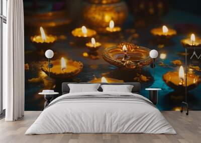 Beautifully ornate Diwali candles placed in intricate holders on a table creating a serene and spiritual atmosphere for the Hindu festival of lights Wall mural