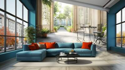 Classic style terrace featuring a picturesque courtyard view and vintage outdoor furniture creating a serene and inviting atmosphere for relaxation and leisure Wall mural