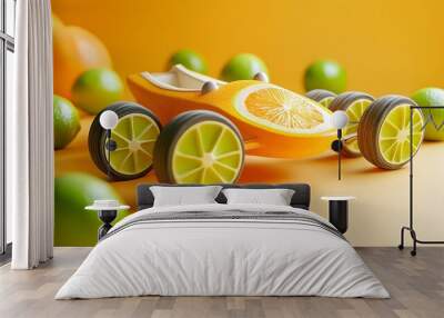 Closeup of a unique race car design made from an orange body and lime wheels with copy space and isolated background for creative concepts and advertising Wall mural