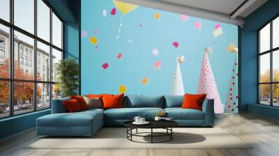 Colorful and Festive Birthday Party Setup with Vibrant Party Hats Confetti and Copy Space for Customization  Celebrating a Special Occasion with Joy and Merriment Wall mural