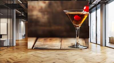 Elegantly crafted classic Manhattan cocktail with a single maraschino cherry garnish served in a rocks glass on a reflective surface with generous copyspace for text overlay Wall mural