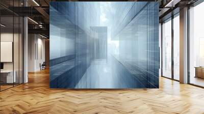 Futuristic virtual dimensional passage with architectural geometric reflections and a clean,minimal,blue-gray color palette. The scene evokes a sense of energy,flow,and progress. Wall mural