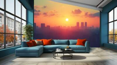 Majestic urban skyline at sunset with towering skyscrapers and high rise buildings silhouetted against a dramatic colorful sky  This image provides ample copy space for adding text or graphic overlay Wall mural